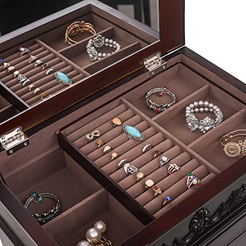 WEI WEI GLOBAL Jewelry Armoire Cabinet with Flip Top Mirror and Compartments - Large Standing Jewelry Chest - Wooden Jewelry Storage Box Organizer - Black