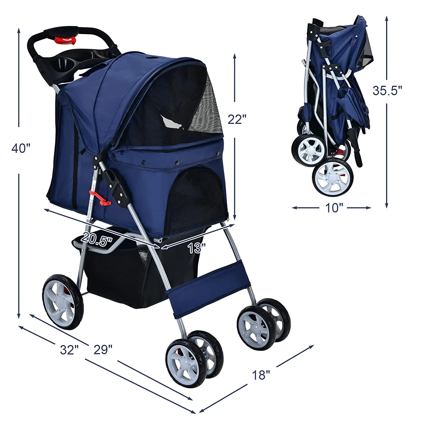 Folding Dog Stroller, Pet Stroller for Small Medium Dogs Cats Puppy, 4 Lockable Wheels Cat Stroller Travel Carrier Strolling Cart with Safety Belt, Removable Liner and Storage Basket (Navy)