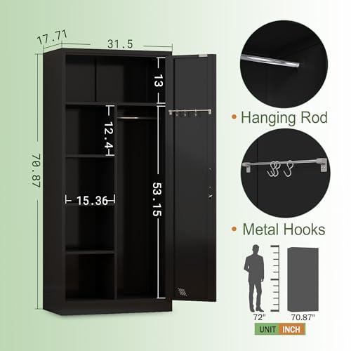 Steel Armoire Wardrobe Closet, 71" Metal Clothing Storage Cabinets with 2 Doors, 1 Adjustable Shelf and 2 Drawers, Metal Wardrobe Cabinet with Hanging Rod for Bedroom, Gym, Cloak Room (Black)