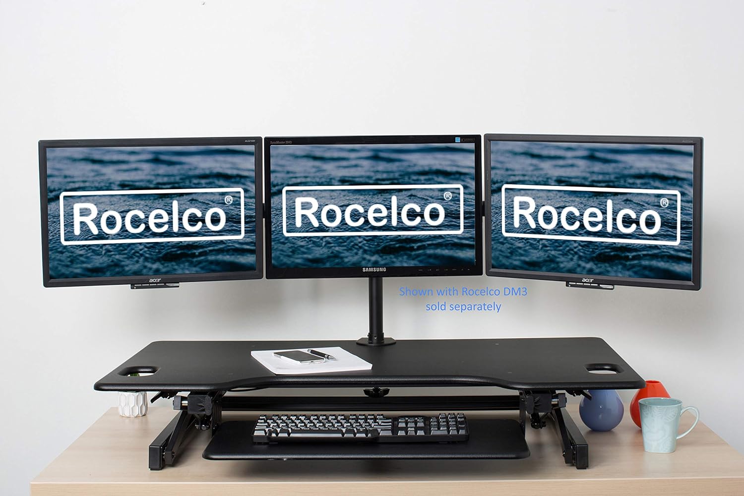 Rocelco 46" Large Height Adjustable Standing Desk Converter, Quick Sit Standup Triple Monitor Riser, Gas Spring Assist Computer Workstation, Retractable Keyboard Tray, (R DADRB-46), Black