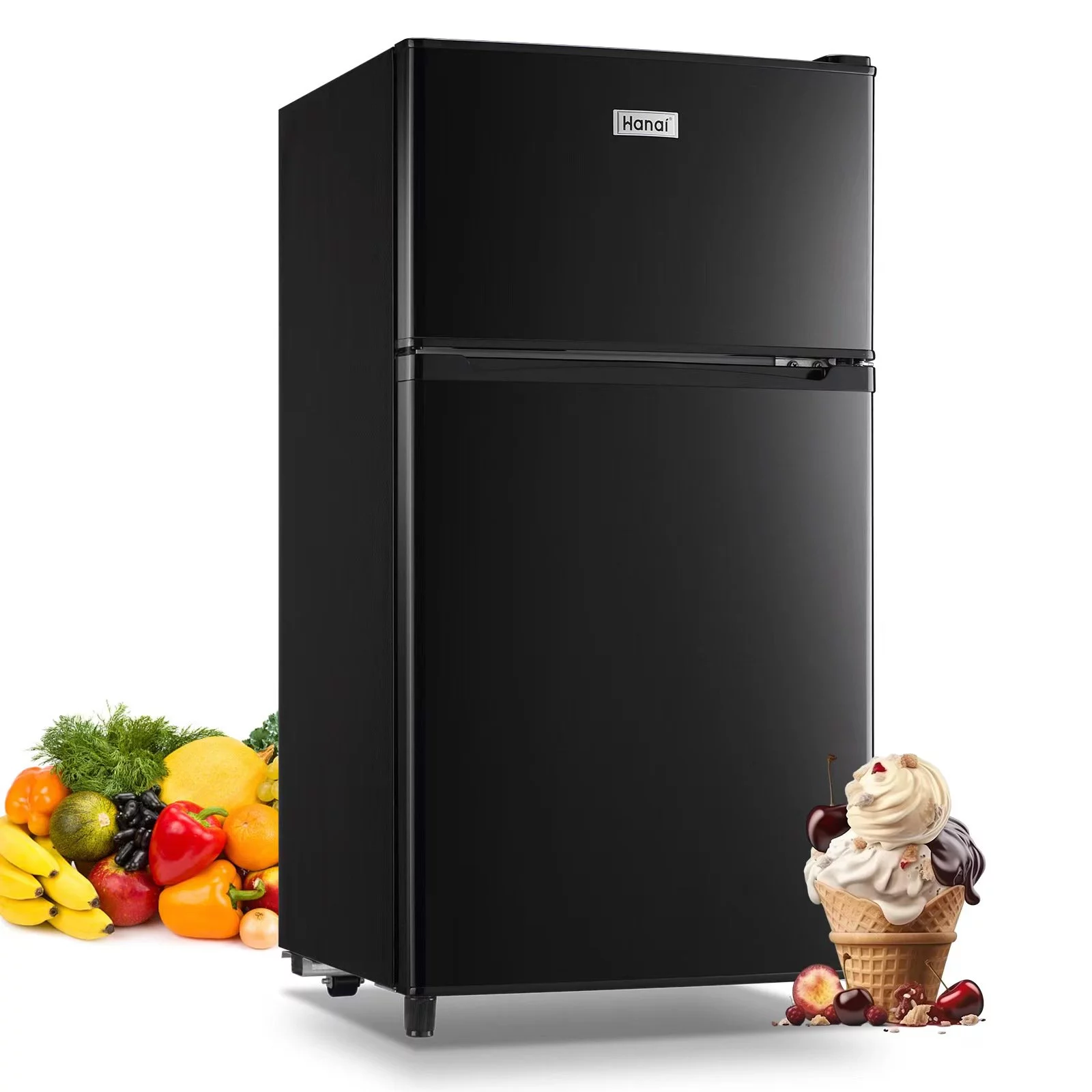 Compact Refrigerator Mini Fridge with Freezer, 3.2 Cubic Feet Retro Dual Door Small Refrigerator by WANAI with 7 Temp Modes, LED Lights, Removable Shelves, Ideal for Bedroom, Dorm, Office, Apartment