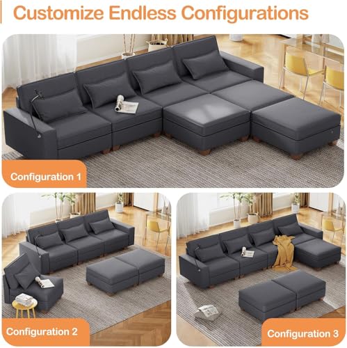 Modular Sectional Sofa, Convertible U Shaped Sofa Couch with Central Console & USB Ports, 7 Seat Modular Sectionals Couch with Chaise and Storage for Living Room, Light Grey