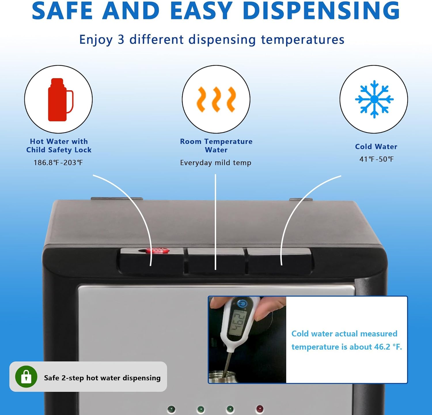 Bottom Loading Water Cooler Dispenser, 5 Gallon Bottles - Hot, Cold & Room Water Dispenser with 3-Temperature, Child Safety Lock, Removable Drip Tray, Black & Stainless