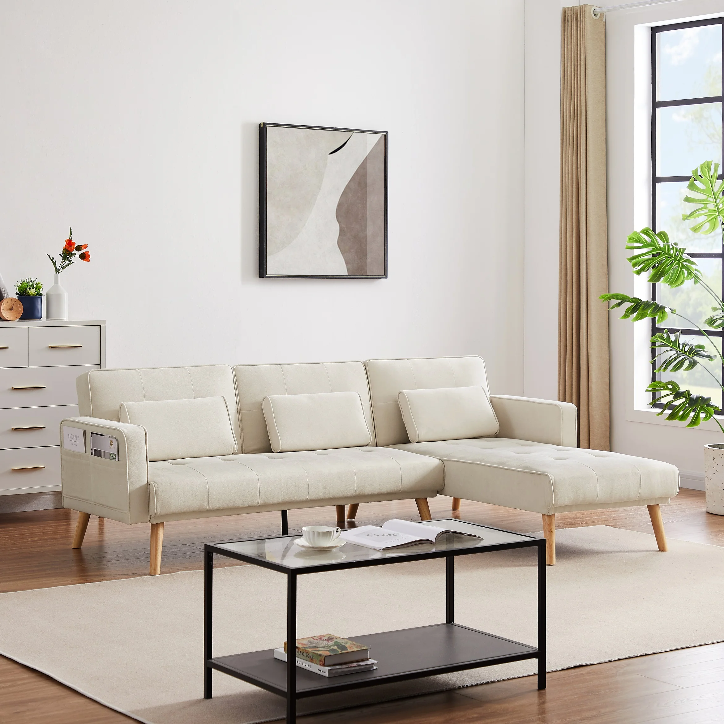 Momspeace Convertible Sectional Sofa Upholstered Sleeper Sofa Couch Bed with Left Chaise L-shaped Corner&nbsp;Sofa Chair for Living Room - Dark Beige