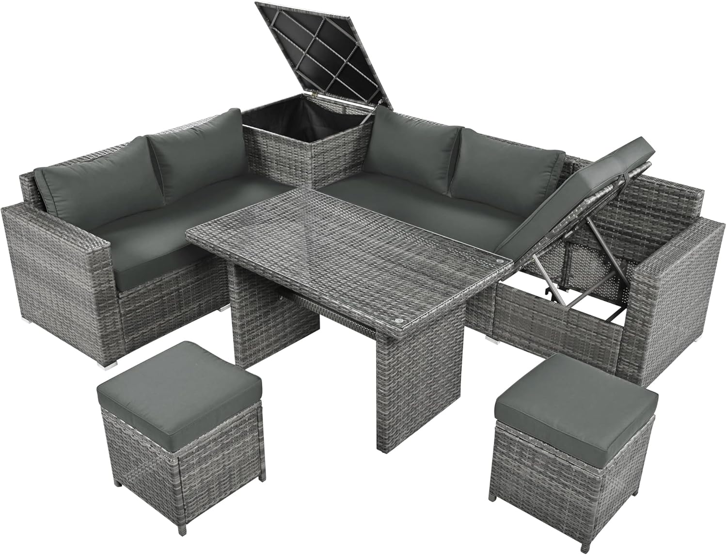 Outdoor 6-Piece All Weather PE Rattan Sofa Set, Garden Patio Wicker Sectional Furniture Set with Adjustable Seat, Storage Box, Removable Covers and Tempered Glass Top Table,Grey