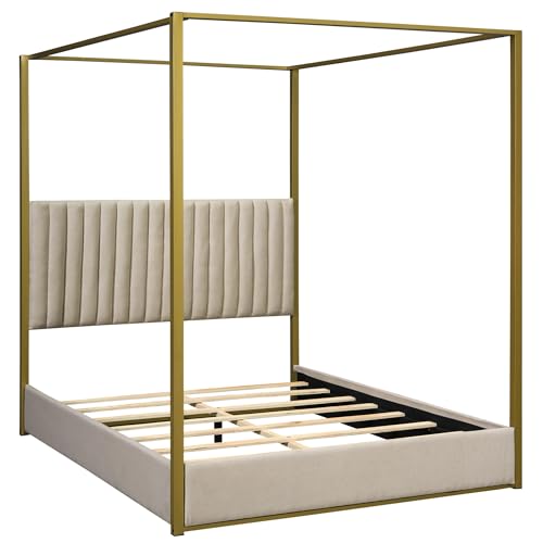 SOFTSEA Upholstery Canopy Platform Bed with Headboard and Metal Frame, Queen Size 4-Poster Canopy Floor Bed Frame for Kids Teens Bedroom, No Box Spring Needed, Beige