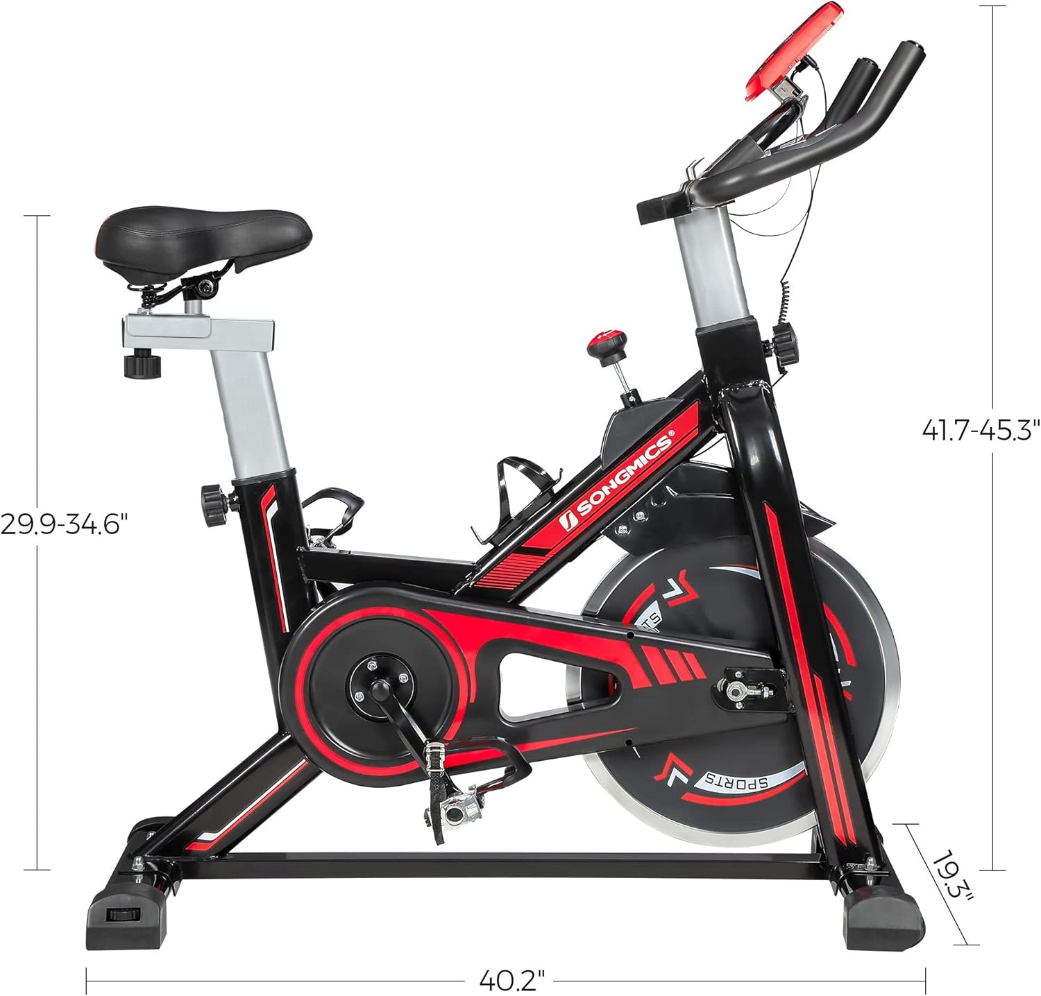 SONGMICS Stationary Bike, Indoor Cycling Bike, Exercise Bike, and Fitness Trainer, with Adjustable Handlebar, Seat, and Resistance, Pulse Sensor, Caged Pedals, Black and Red USEB617R01