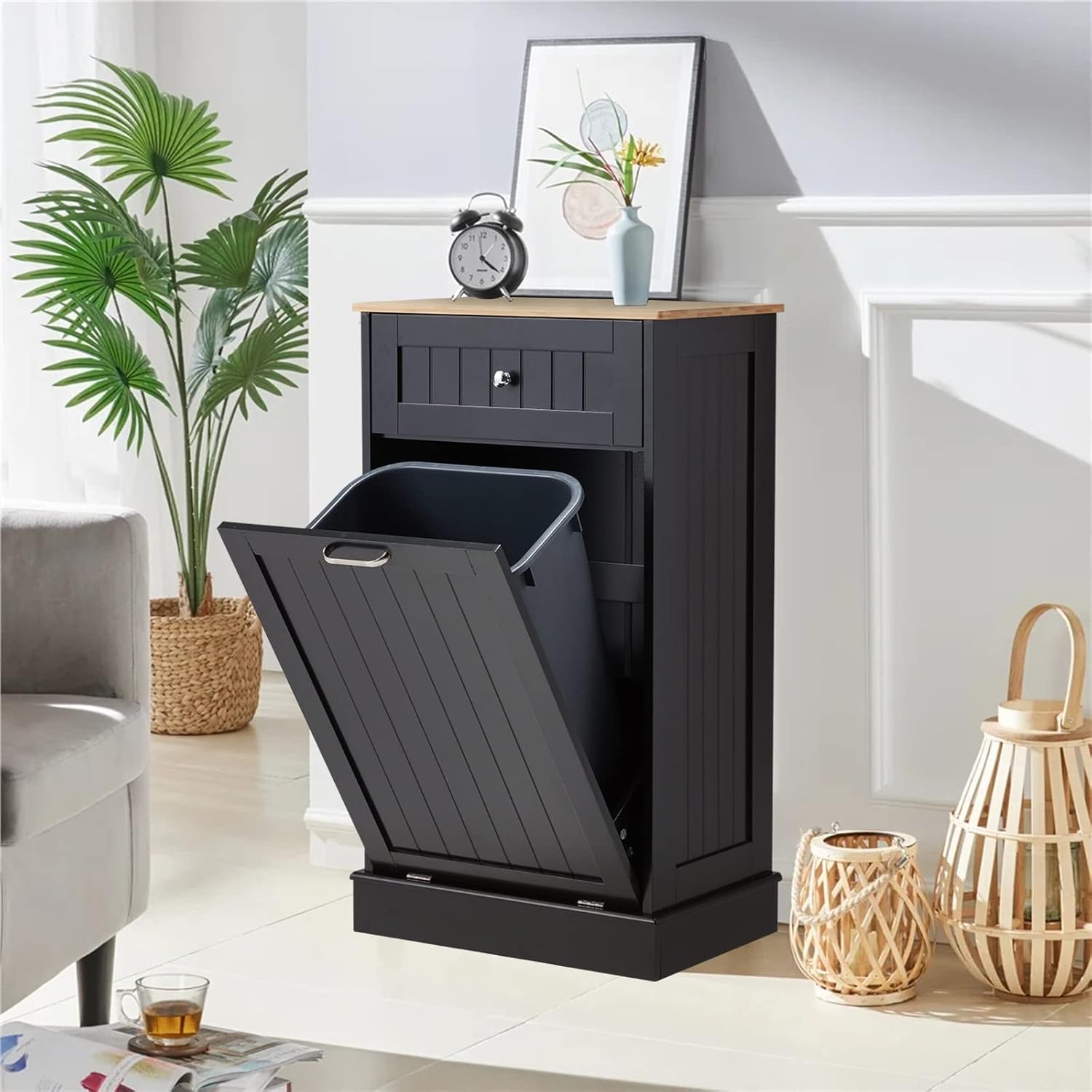 Tilt Out Trash Can Cabinet 10 Gallon, Kitchen Freestanding Wood Recycling Trash Cabinet with Drawer & Cutting Board, Pet Proof Hidden Garbage Bin Holder for Home Laundry Bathroom, Black