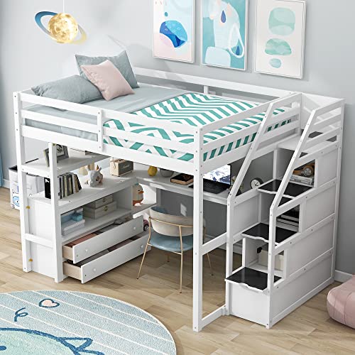 Harper & Bright Designs Twin Loft Bed with Stairs and Desk, Solid Wood Loft Bed Frame with Storage Drawers and Bookshelf for Kids Teens Adults - White