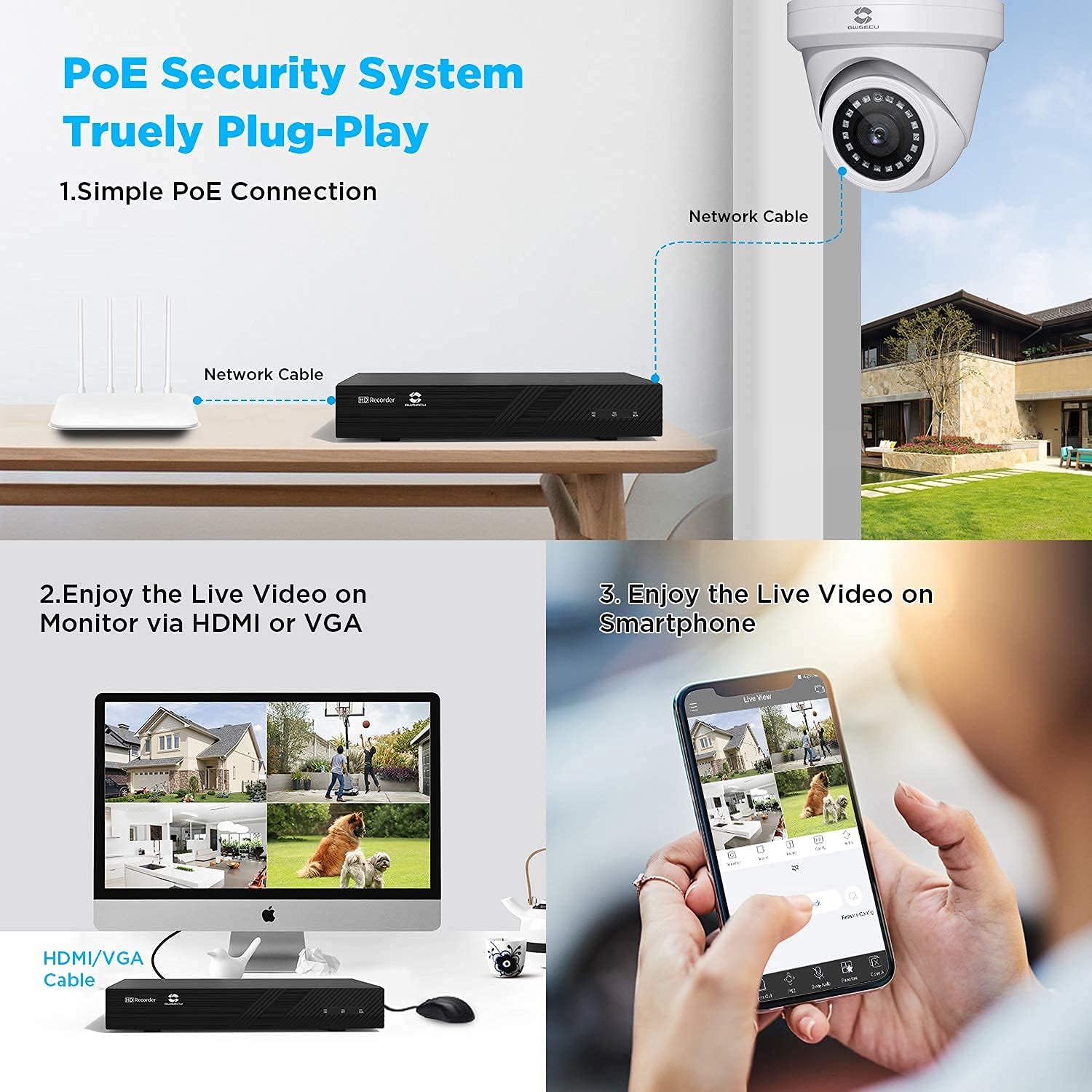GWSECU 5MP PoE IP Camera with Mic, 1-Way Audio 2.8mm HD Video Surveillance Cam, Smart Human Detection, 100ft Night Vision, Network Security Cameras for Outdoor/Indoor Use