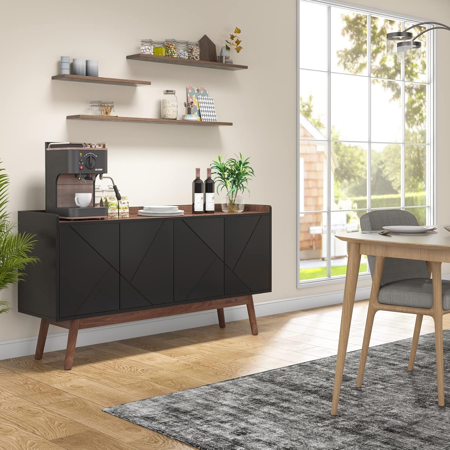 Tribesigns Sideboard Buffet Cabinet with Storage 55" Kitchen Sideboard Cabinet, Wood Coffee Bar Cabinet with Doors, Accent Sideboard Cabinet, Console Table Cabinet for Dining Room Living Room, Black