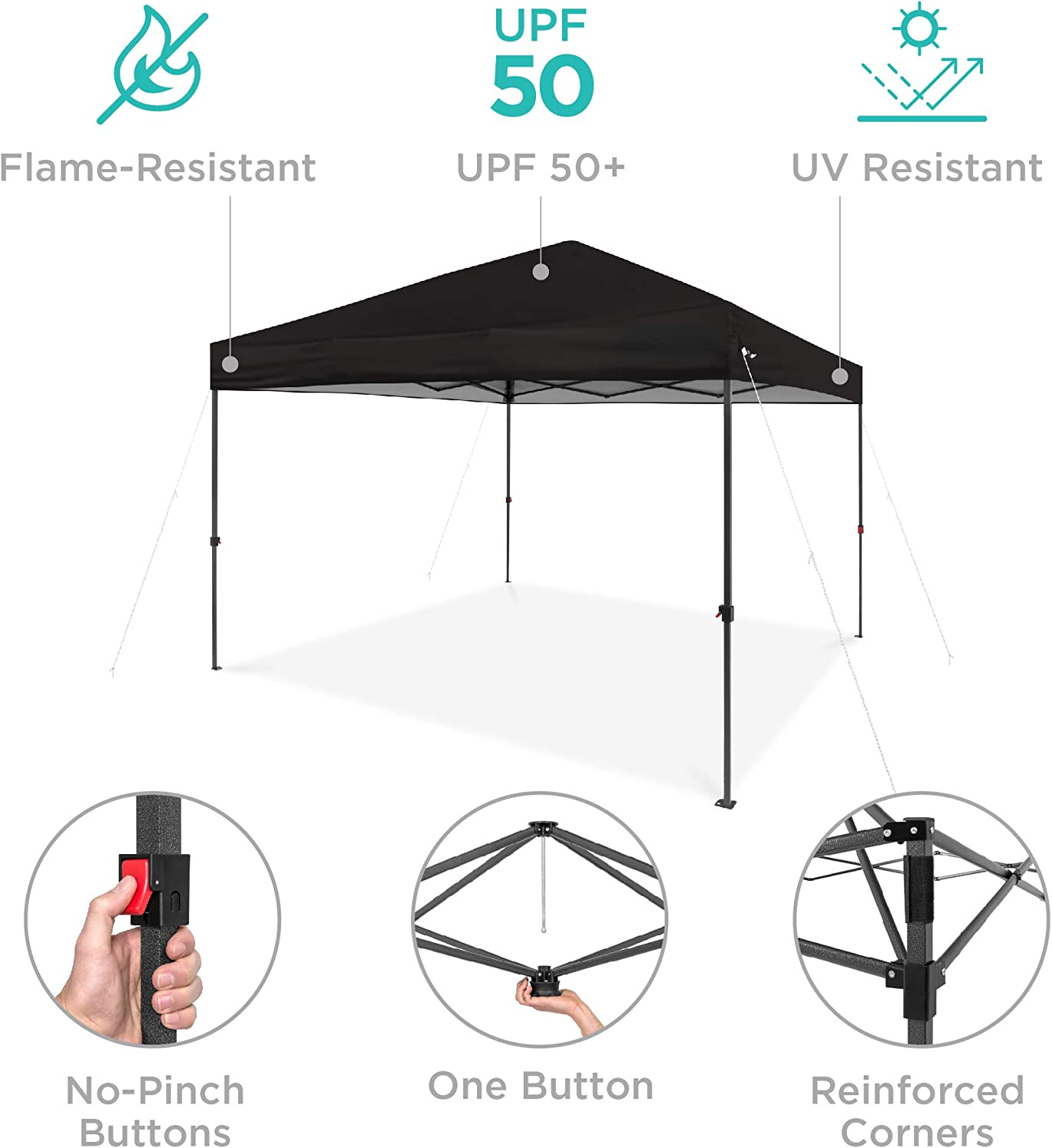 10x10ft 1-Person Setup Pop Up Canopy Tent Instant Portable Shelter w/ 1-Button Push, Straight Legs, Wheeled Carry Case, Stakes - Black