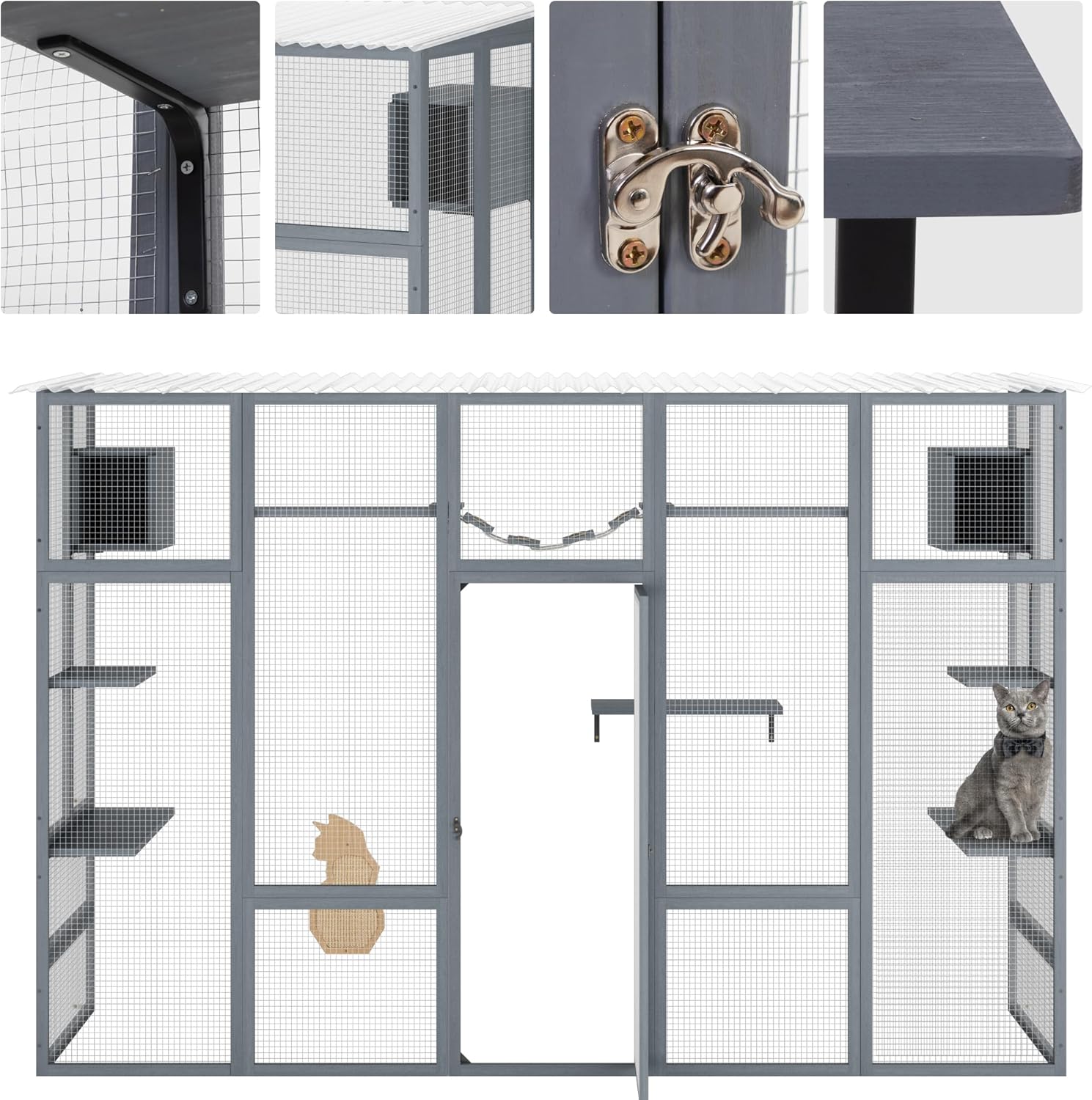 COZIWOW Catio Outdoor Cat Enclosure, 104" L Large Catio for Indoor Cats Window Access, Wooden Window Cat Catio with Weather Protection Roof, 6 Platforms, 2 Houses, Bridge, Scratching Board, Grey