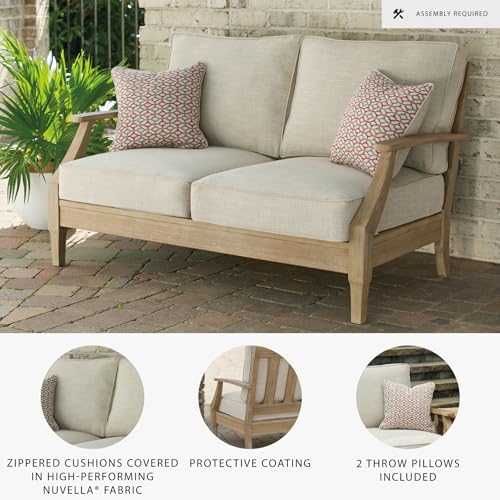 Signature Design by Ashley Carter Hall Outdoor Eucalyptus Patio Sofa with Cushion, Beige
