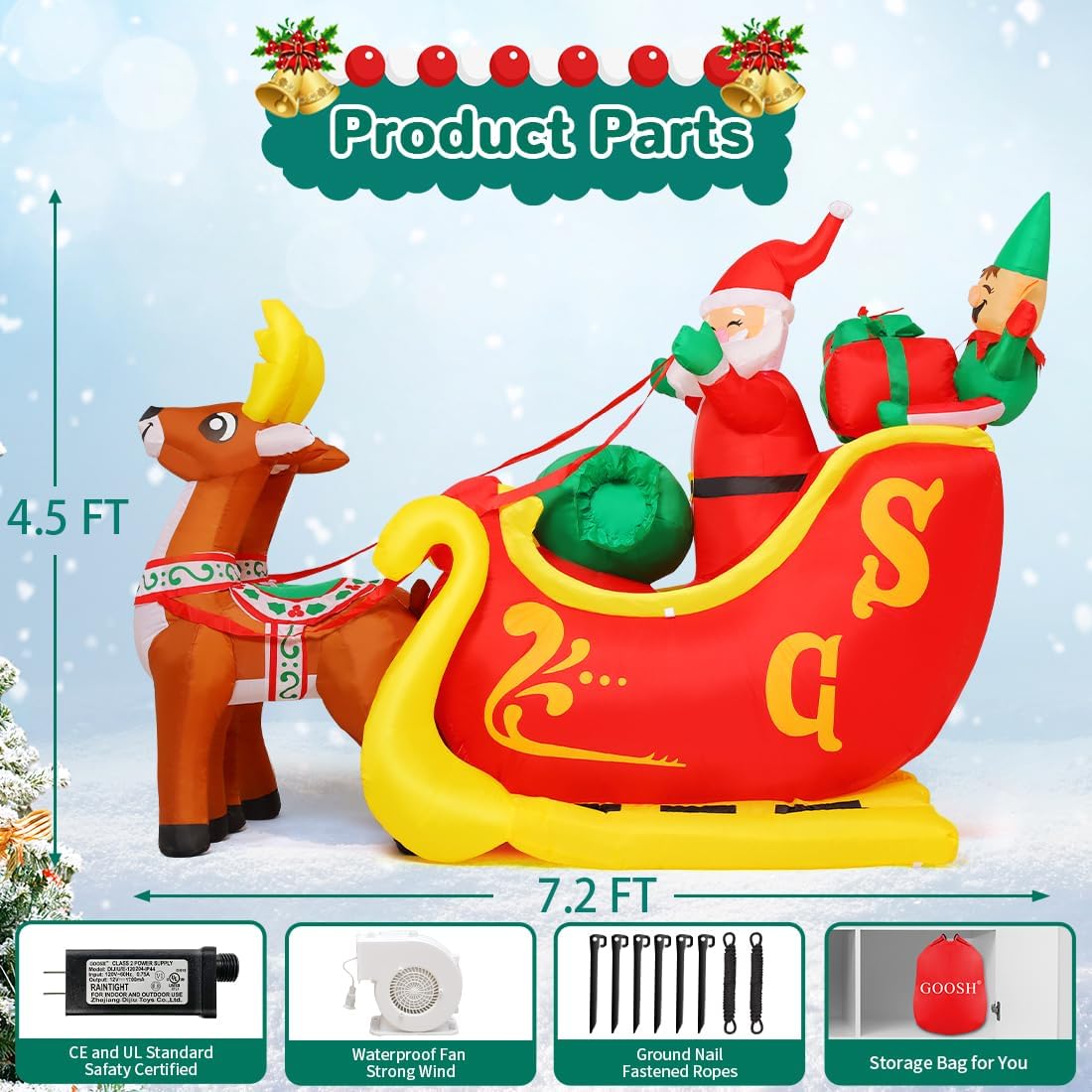 GOOSH 7 FT Christmas Inflatables Santa Claus in Sleigh and 6 FT Christmas Santa Inflatables Outdoor Decorations Smiling Santa Claus with Present Boxes