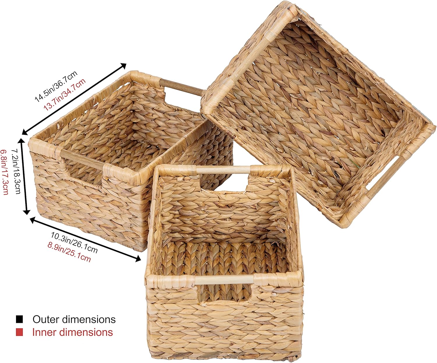 VATIMA Large Wicker Basket Rectangular with Wooden Handles for Shelves, Water Hyacinth Basket Storage, Natural Baskets for Organizing, Wicker Baskets for Storage 14.5 x 10.3 x 7.2 inches