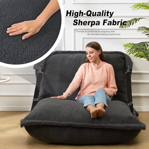 Homguava Giant Bean Bag Chair, Bean Bag Sofa with Adjustable Backrest, Bean Bag Bed with Filling and Detachable Sherpa Cover, Large Bean Bag Floor Sofa for Gaming Living Room Bedroom (Grey)