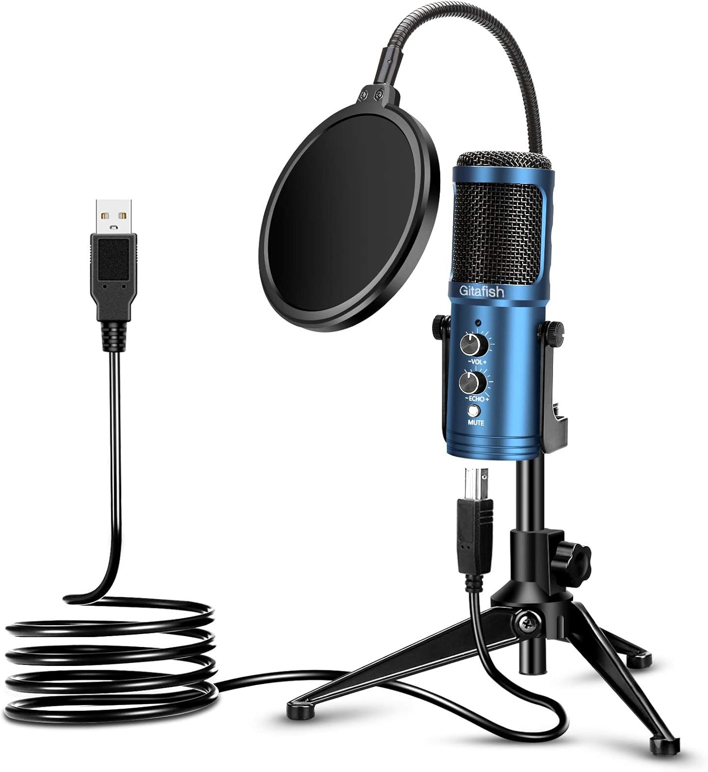 Gitafish pc Microphone USB Condenser Microphone and Digital Mixer for Streaming One-Click Mute Cardioid Mic with Headphone Output and Volume Control, Mic Gain Control, Adjustable Stand, Plug and Play