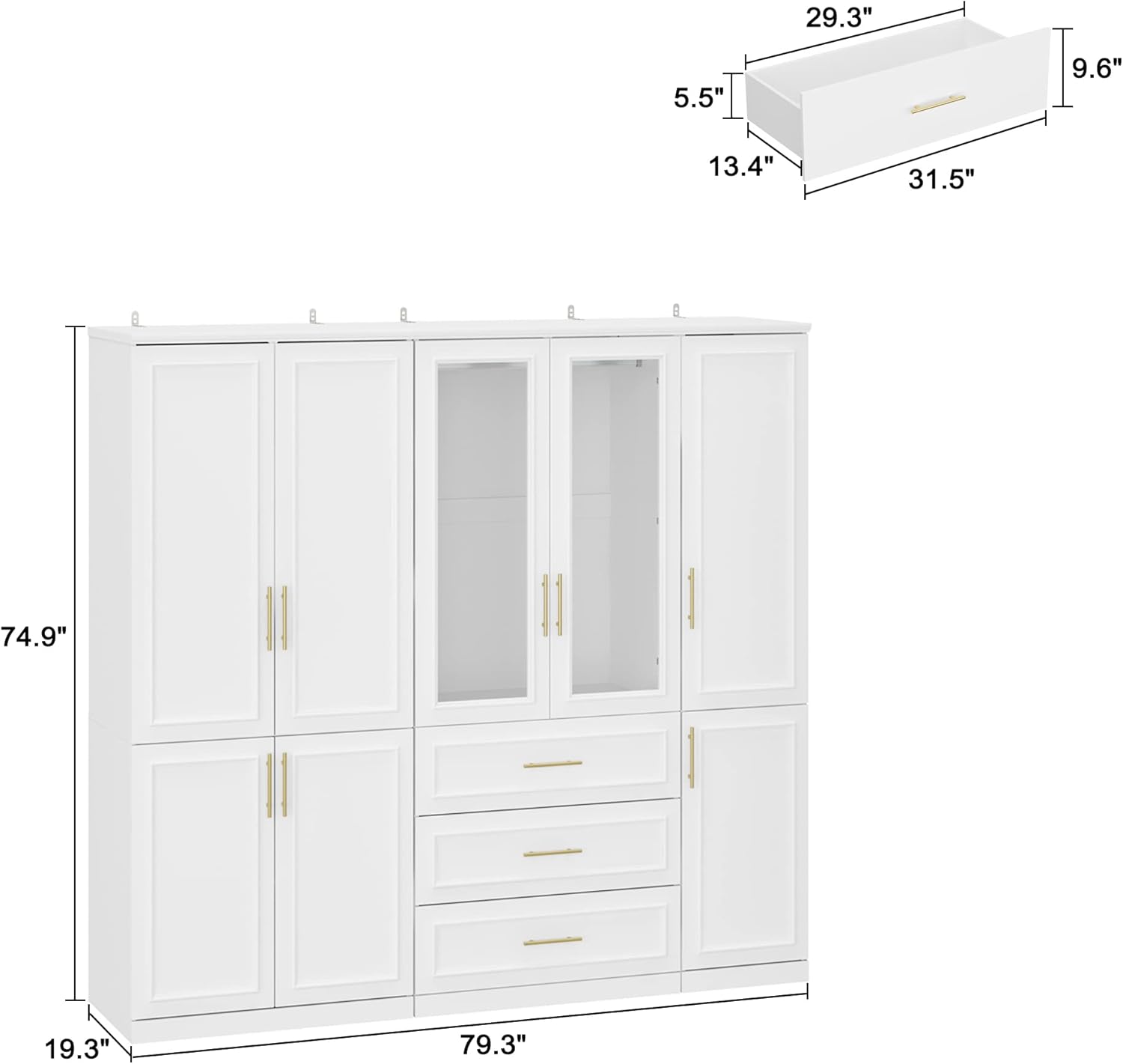 ECACAD Extra Wide Wardrobe Armoire with 8 Doors, Drawers, Storage Shelves & Hanging Rods, Wooden Closet Storage Cabinet for Bedroom, White (79.1”W x 19.3”D x 74.8”H)