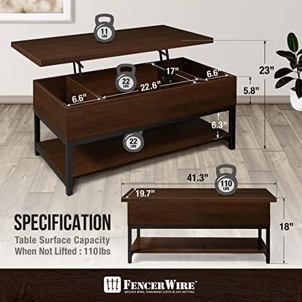 YZboomLife Lift Top Coffee Table w/  Coffee Table w/Bottom Open    Coffee Table w/Lift Top for Living Room  Rising Top Coffee Table w/Hidden Compartment   41" Rustic Oak
