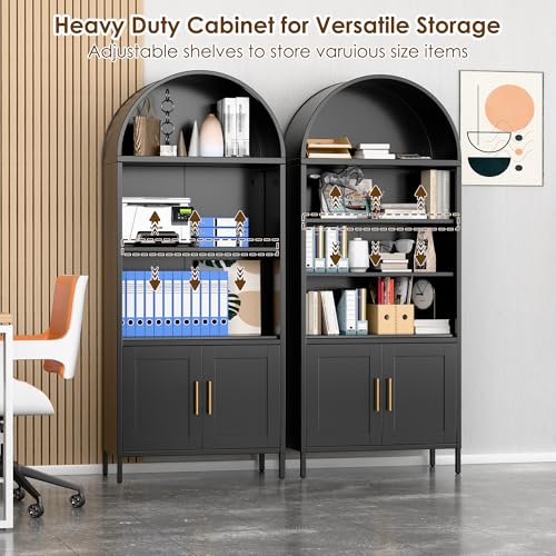73 in Tall Metal Arched Bookcase, 5-Tier Arched Bookcase with Doors, Modern Farmhouse Bookshelf with 2 Adjustable Shelves, Kitchen Pantry Cabinet for Living Room, Black, Assembly Required