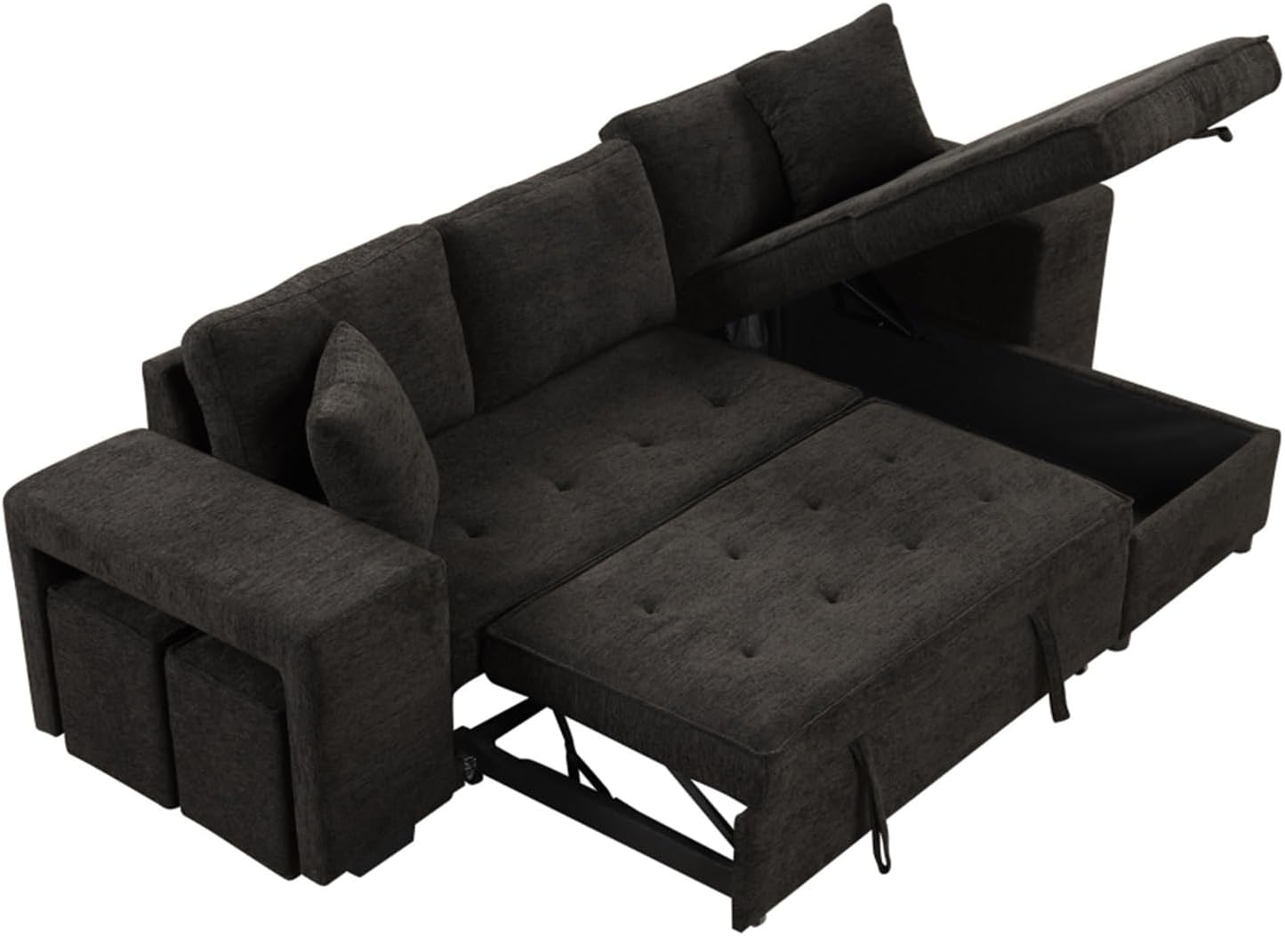 TONDI 104"" Modern L-Shape 3 Seat Reversible Sectional Couch, Pull Out Sleeper Sofa with Storage Chaise Charcoal Grey,Sofa Couch, qz-7461