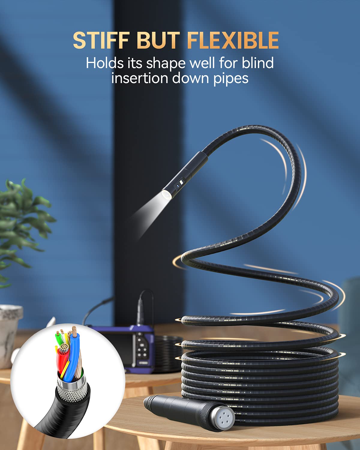 Triple-Lens Inspection Camera with Light, 10DM Borescope, Digital Scope Camera, Industrial Endoscope, Waterproof Flexible Cable, Videoscope, Automotive Tool, Home, Wall, Drain, 5 IPS Color Screen