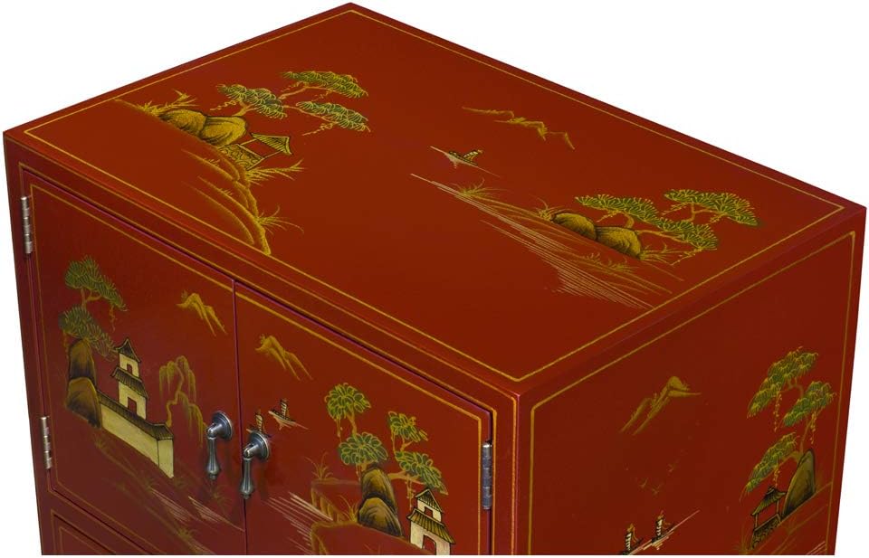 ChinaFurnitureOnline Wooden Chinese Cabinet, Red Lacquer Chinoiserie Scenery Motif