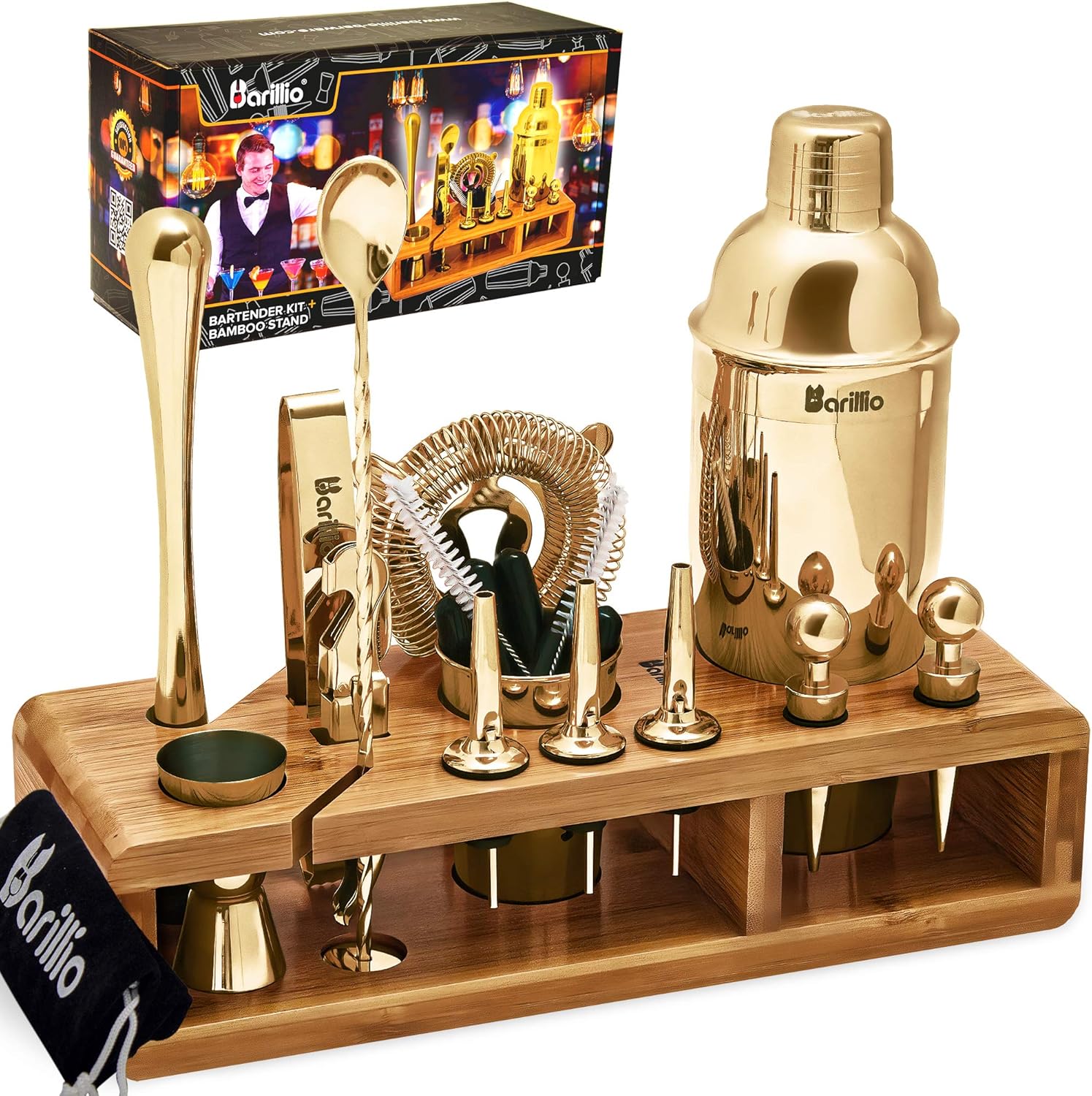 Black 23-Piece Bartender Kit Cocktail Shaker Set by BARILLIO: Stainless Steel Bar Tools With Sleek Bamboo Stand, Velvet Carry Bag & Recipes Booklet | Ultimate Drink Mixing Adventure