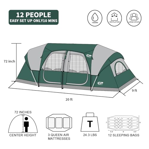 CAMPROS CP Tent 12-Person-Camping-Tents,3 Room Family Tents,Waterproof Windproof Family Tent with Top Rainfly,6 Large Mesh Windows,Double Layer,Easy Set Up, Portable with Carry Bag-20' x 9' x 72"(H)