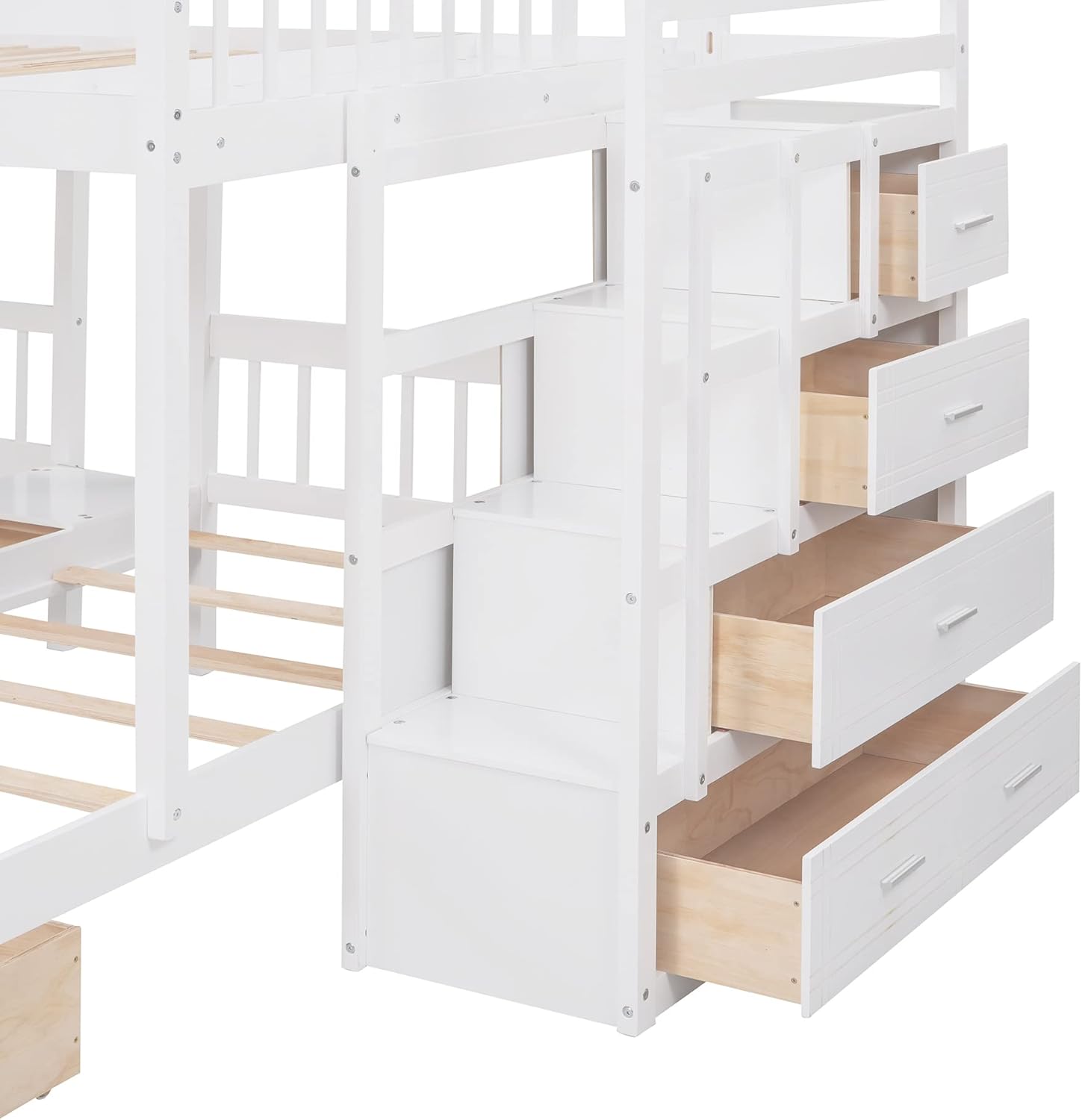 SOFTSEA L-Shaped Triple Bunk Beds with Staircase Corner Bunk Bed with 2 Storage Drawers, Full Over Twin & Twin Bunk Beds for Kids, Triple Bunk Beds with Stairs and Drawers