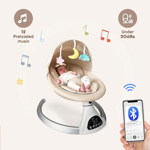 Electric Baby Swings for Infants to Toddler, Portable Babies Rocker Bouncer for Newborn Boy and Girls, Motorized Bluetooth Swing, Music Speaker with 12 Preset Lullabies, Remote Control Pink
