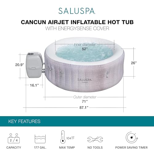 Bestway SaluSpa Cancun AirJet 2 to 4 Person Inflatable Hot Tub, 71 x 26 Inch Round Portable Outdoor Spa with 120 Soothing Jets and Cover, Gray