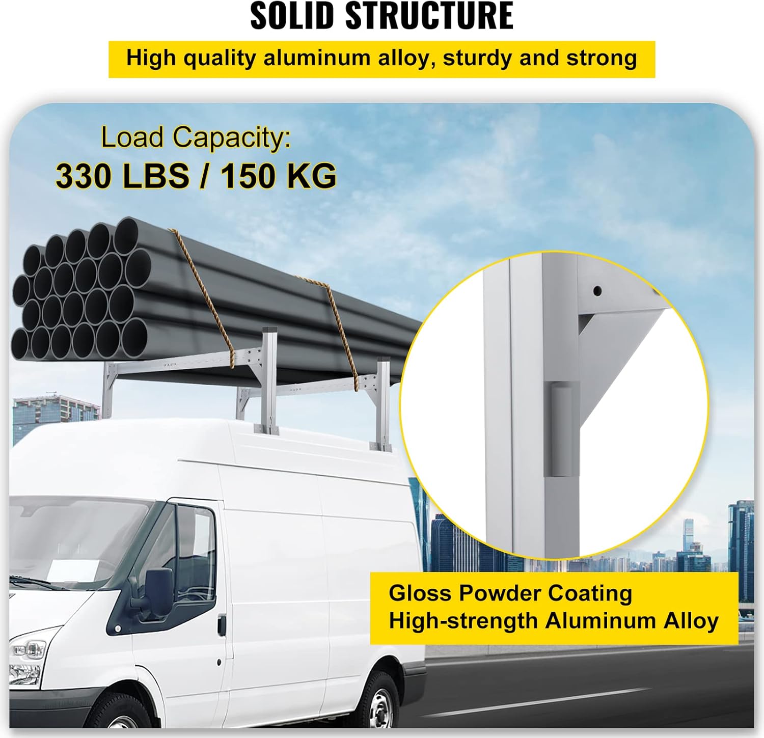 VEVOR Universal Roof Ladder Rack, Fit for 6.2'-8.3' Wide Vans, 2 Bars Adjustable Aluminum Trailer Ladder Rack with 330 LBS Capacity, for Cargo Vans Trucks or Pickups, Silver