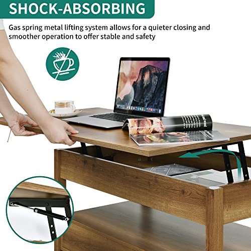 YITAHOME Lift Top Coffee Table with Storage Shelf,Drawers and Hidden Compartment,Retro Center Table with Wooden Lift Tabletop,Lift Tabletop Dining Table for Living Room Office Reception,Rustic Brown