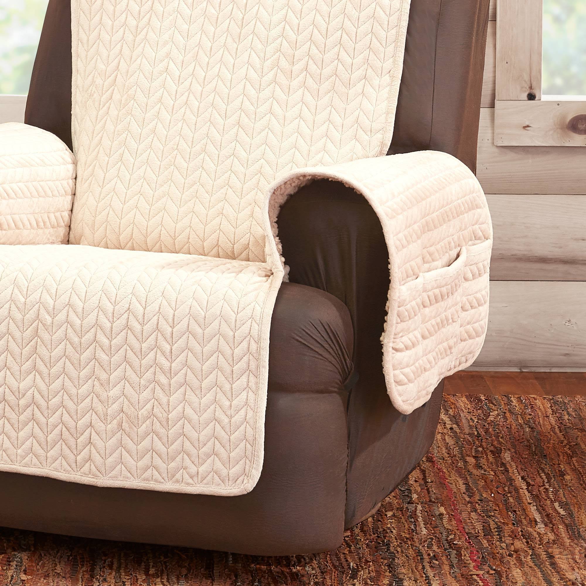 Sure Fit Quilted Cable REVERSE to Sherpa Recliner Furniture Cover ,Cream