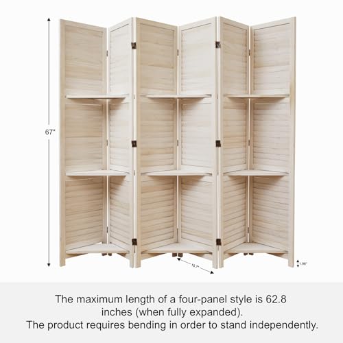 Room Divider with Shelves, 5.6 Ft Tall Folding Wood Screen with Double Hinges for Home Office Bedroom Hotel Decoration (6 Panels, Brown)