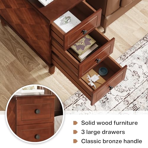 Fully Assembled End Table, Narrow Side Table with 3 Drawers, Pre-Assembled Nightstand Slim Bedside Table for Small Spaces, Living Room, Bedroom, Brown