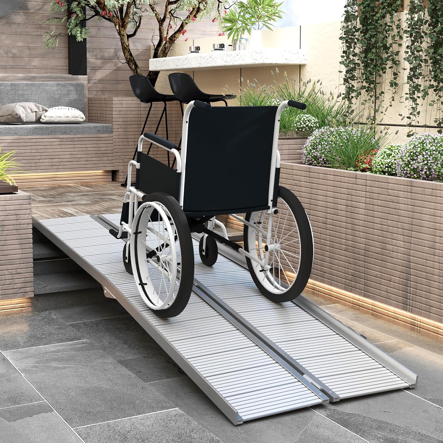 Wheelchair Ramp 8FT, Folding Aluminum Threshold Ramp with Non-Slip Surface, Transition Plates, 600lbs Weight Capacity, Handicap Ramp for Home, Doorways, Curbs, Steps