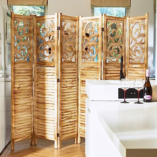 Room Divider Wood Carved Wall Divider Indoor Folding Portable Partition Screen for Home Office Garden Terrace - 6 Panel, 67 * 90inch (Dark Brown)