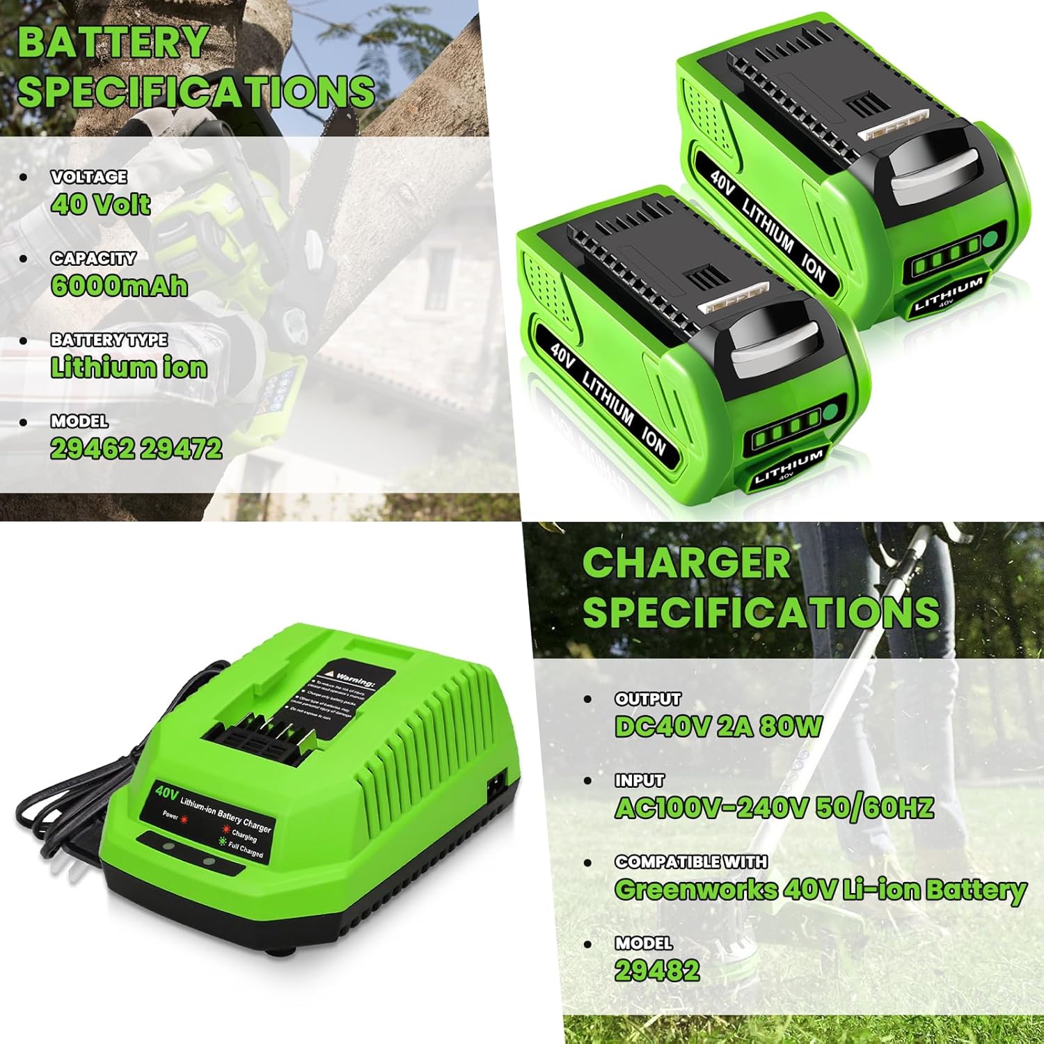 2-Pack 40 Volt 6.0Ah Lithium ion 29462 29472 Battery and 29482 Charger Compatible with Greenworks 40V Battery 29462 29472 G-MAX Power Tools 29252 20202 22262 25312 25322 20642 22272 27062