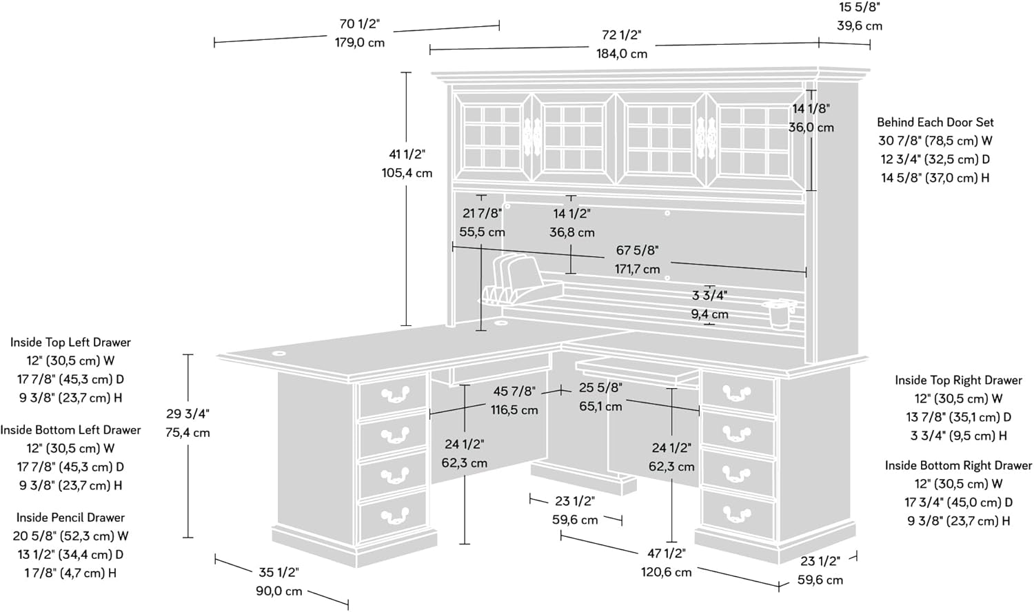 Sauder Heritage Hill L-Shaped Desk with Office Hutch, L: 70.50" x W: 23.50" x H: 71.19", Classic Cherry