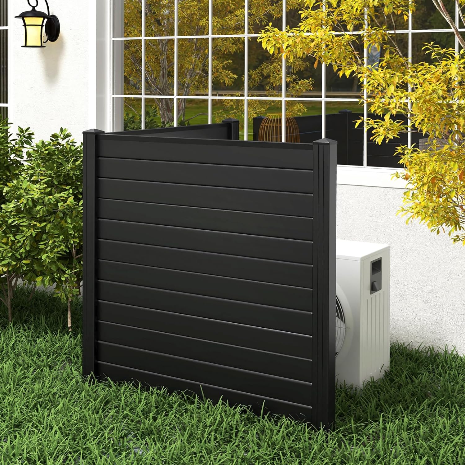 Giantex Air Conditioner Fence 2 Panels - 48''W x 48''H Outdoor Privacy Screen with Upgraded Metal Stakes, PVC Trash Can Enclosure, Decorative Garden Fences for Patio Lawn AC Unit Pool Pump, Black