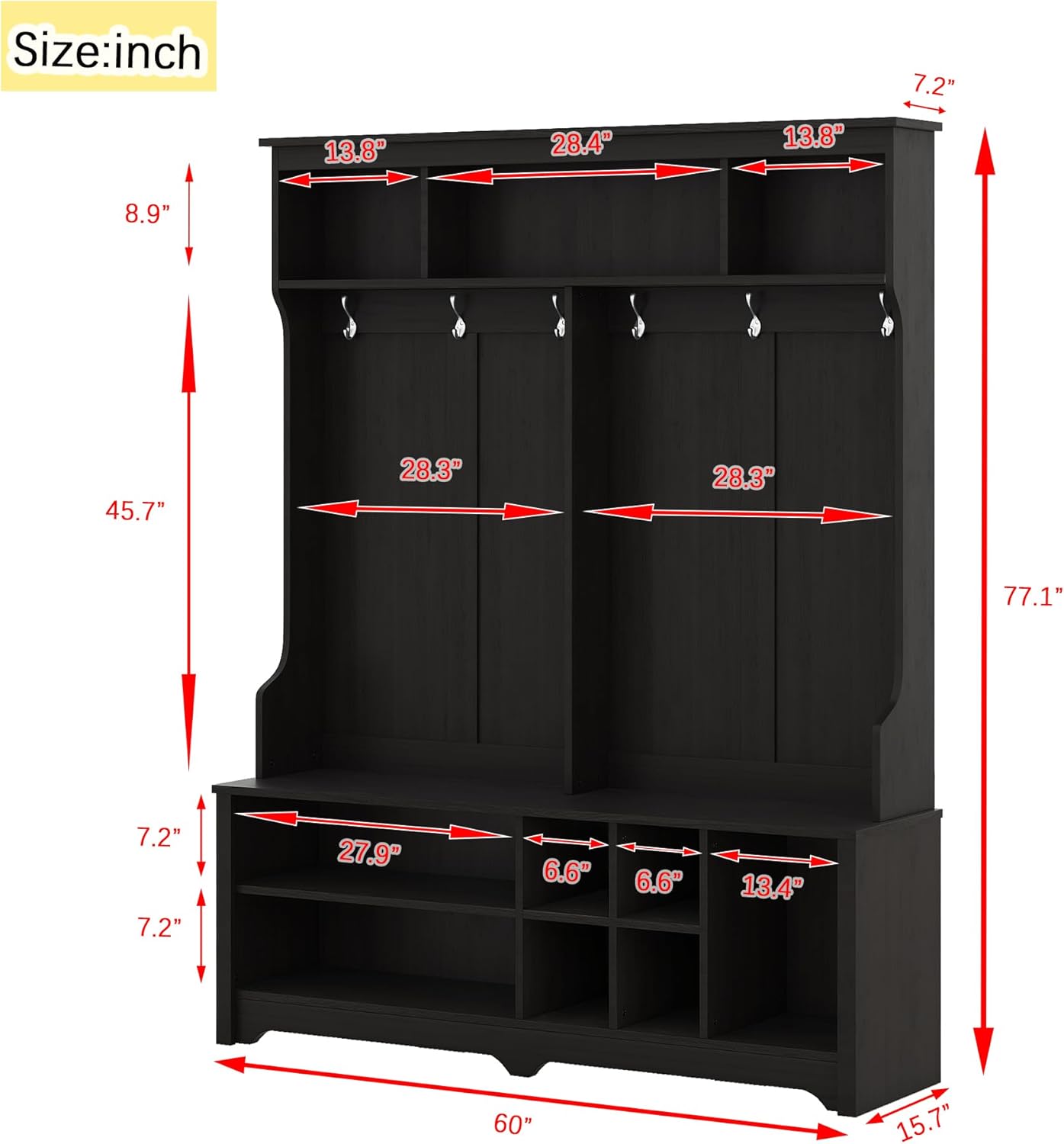 Freestanding Modern Hallway Hall Tree with Metal Hooks and Storage Space, Multi-Functional Entryway Coat Rack with Shoe Cubbies,Black