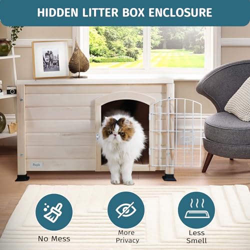 Petsfit Large Dog House with Terrace & Openable Asphalt Roof, 45" L x 54" W x33 H, XL Dog House Outdoor with Elevated Floor, Window & Door Flap, Outdoor Dog House for Large Dogs