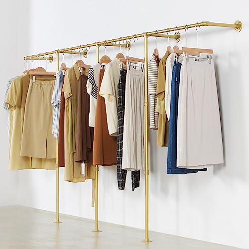 Wall Mounted Gold pipe clothing rack with 3 T-Bar Design and Nano Gold Finish with 2 Wooden Shelves Heavy Duty Wall Mounted Gold Iron Garment Bar for Retail Display and Closet Storage