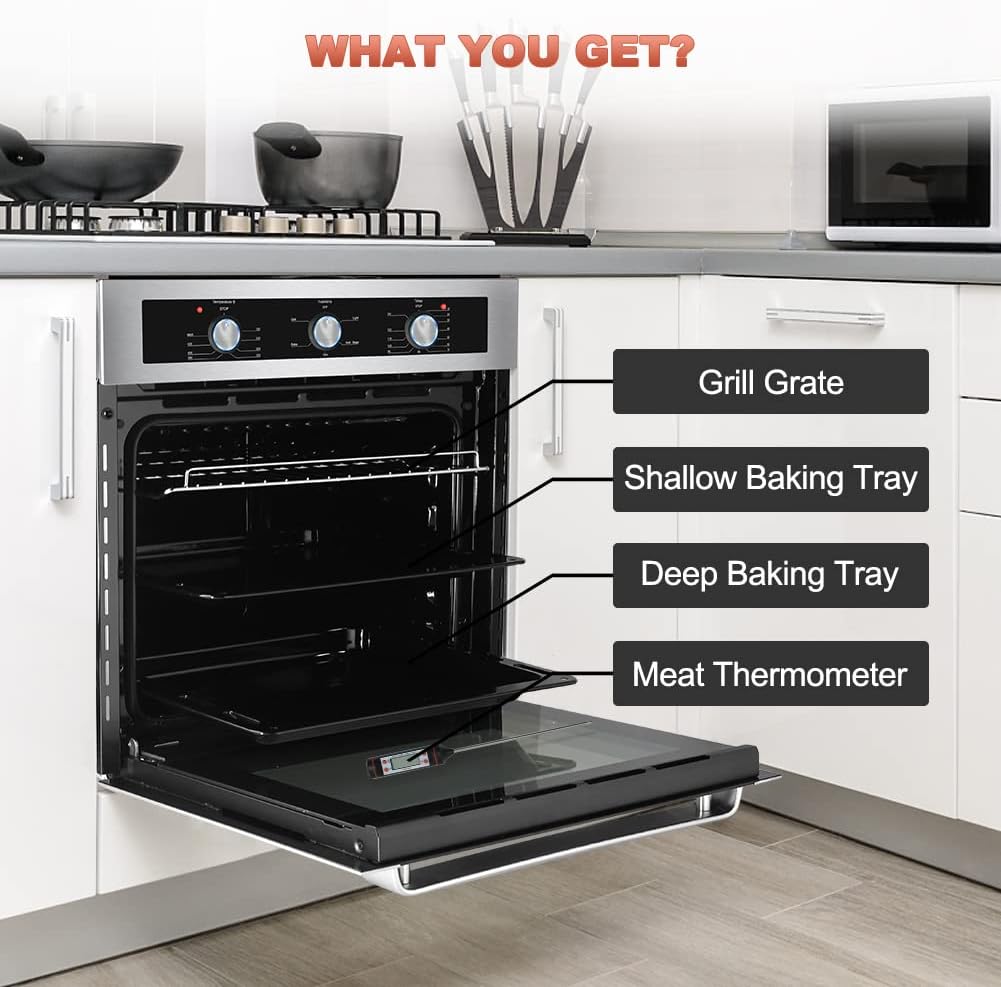 24 Single Wall Oven, thermomate 2.3 Cu.ft. Built-in Electric Wall Oven with 5 Cooking Functions, 2000W Electric Ovens with Stainless Steel Finish, Mechanical Knobs Control, ETL Certified