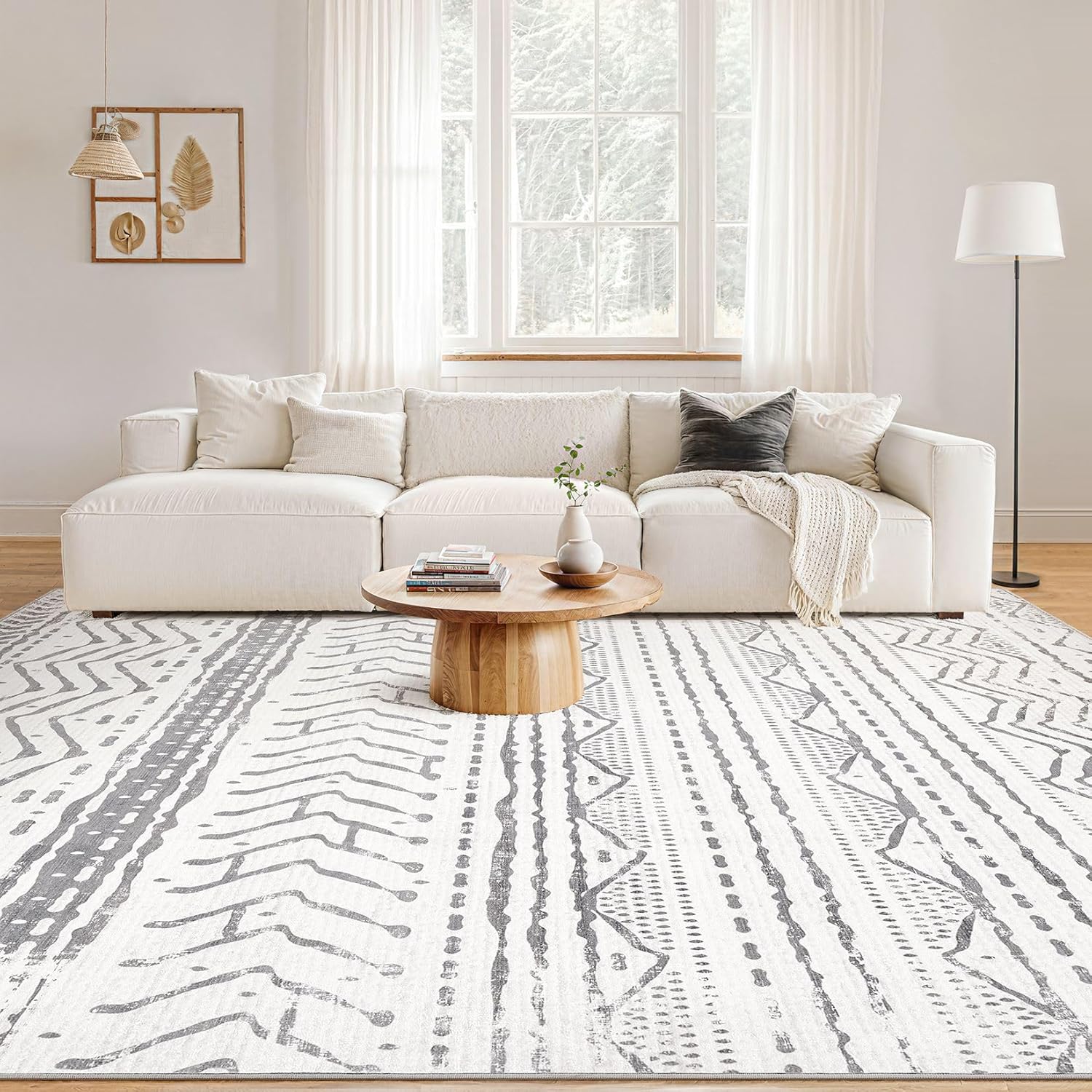 9x12 Area Rug Living Room Rugs: Large Soft Machine Washable Boho Moroccan Farmhouse Neutral Stain Resistant Indoor Floor Rug Carpet for Bedroom Under Dining Table Home Office House Decor - Grey