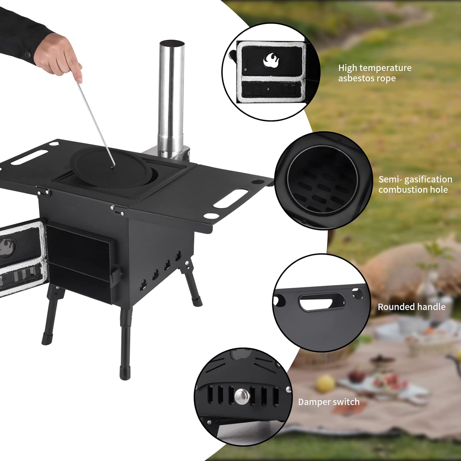 Portable Wood Burning Stove, Hot Tent Stove with Chimney Pipe, Outdoor Camping Wood Stove for Tent, Shelter, Heating and Cooking