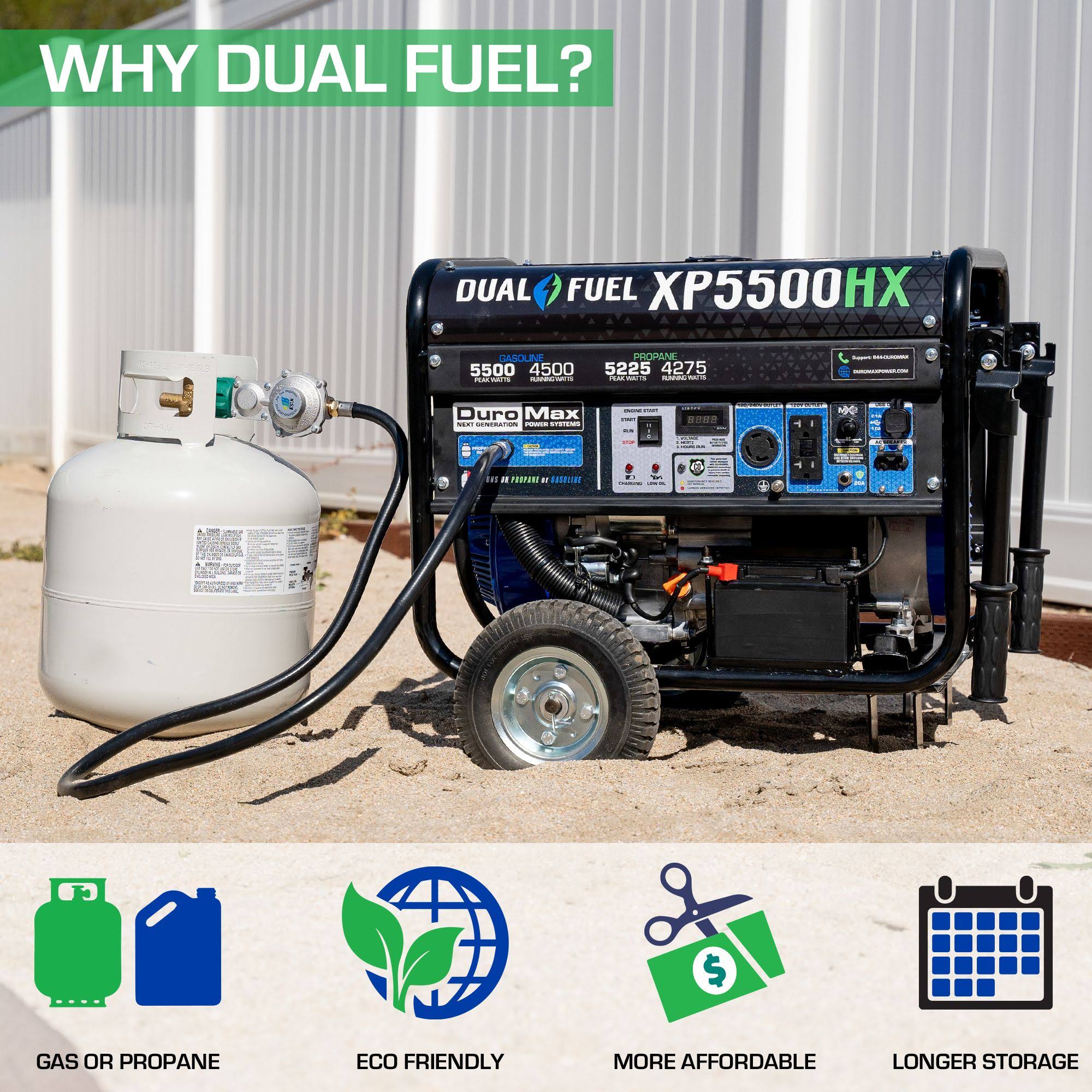DuroMax 5,500/4,500-Watt Dual Fuel Gasoline/Propane Portable Generator with Co Alert, XP5500HX